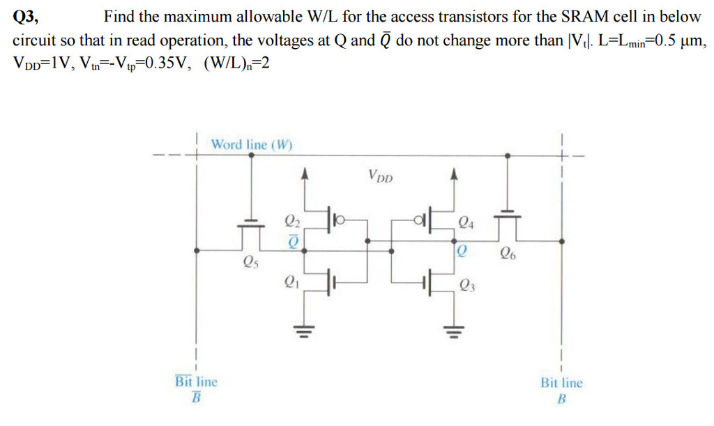 Find the maximum allowable W/L for the access transistors for the SRAM cell in below circuit so that in read operation, the voltages at Q and Q¯ do not change more than |Vt|⋅L = Lmin = 0.5 μm, VDD = 1 V, Vtn = −Vtp = 0.35 V, (W/L)n = 2