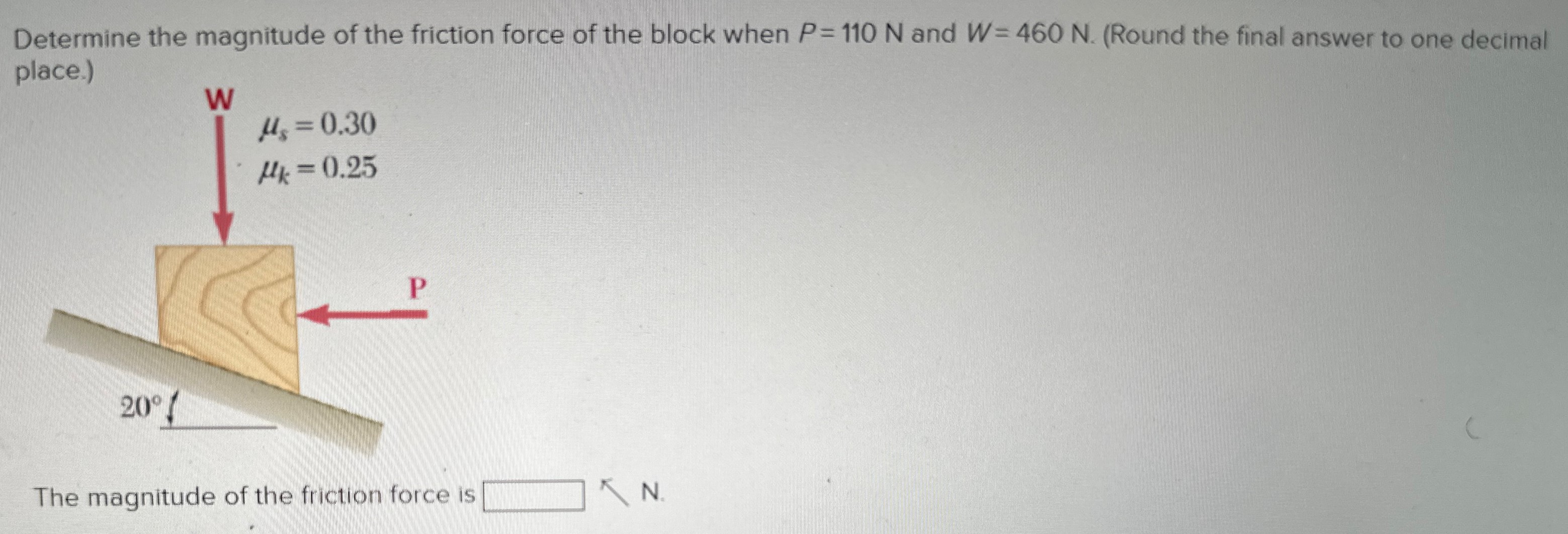 Determine the magnitude of the friction force of the block when P = 110 N and W = 460 N. (Round the final answer to one decimal place. ) The magnitude of the friction force is N 