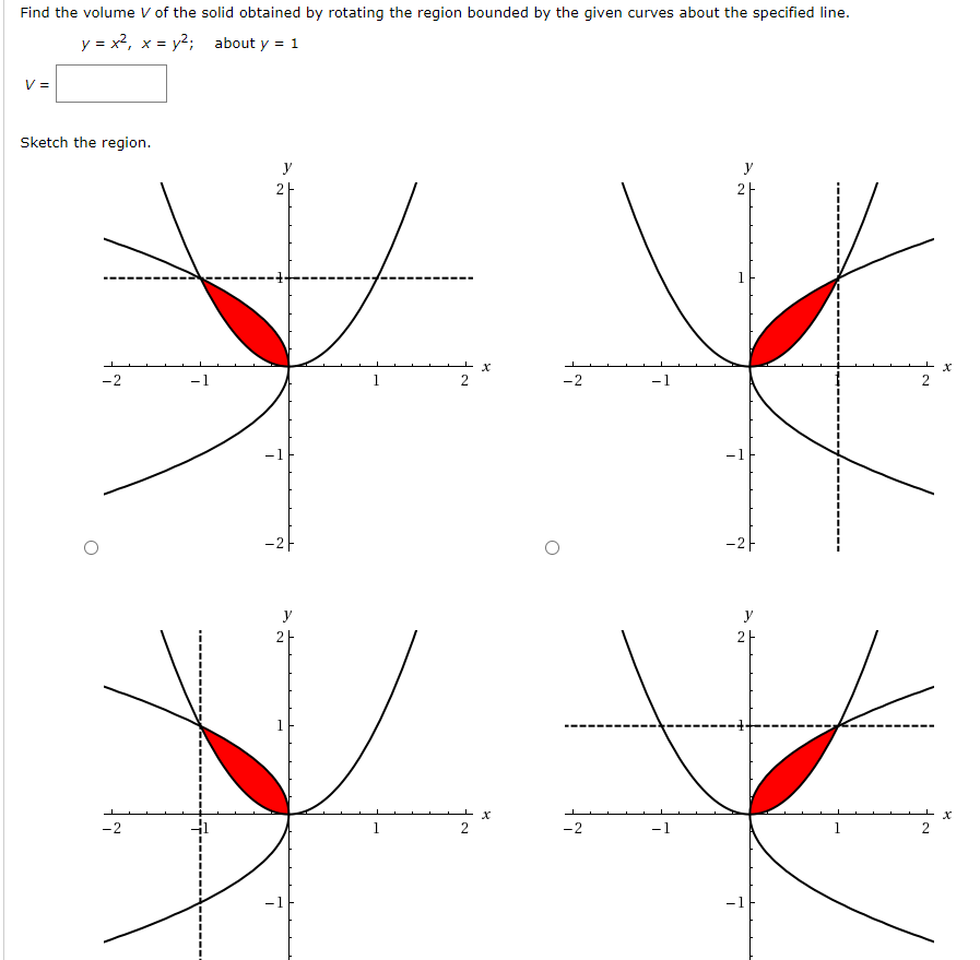 Find the volume V of the solid obtained by rotating the region bounded by the given curves about the specified line. y = x2, x = y2; about y = 1 V = Sketch the region.