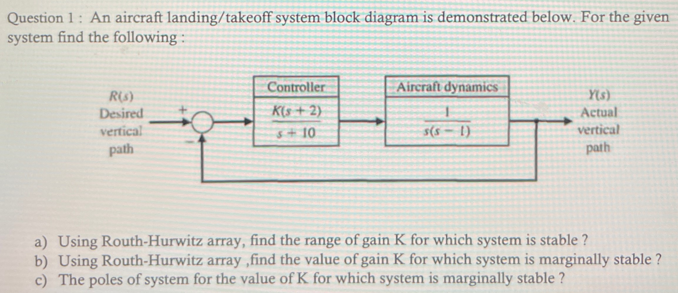 Question 1: An aircraft landing/takeoff system block diagram is demonstrated below. For the given system find the following : a) Using Routh-Hurwitz array, find the range of gain K for which system is stable ? b) Using Routh-Hurwitz array, find the value of gain K for which system is marginally stable? c) The poles of system for the value of K for which system is marginally stable? 