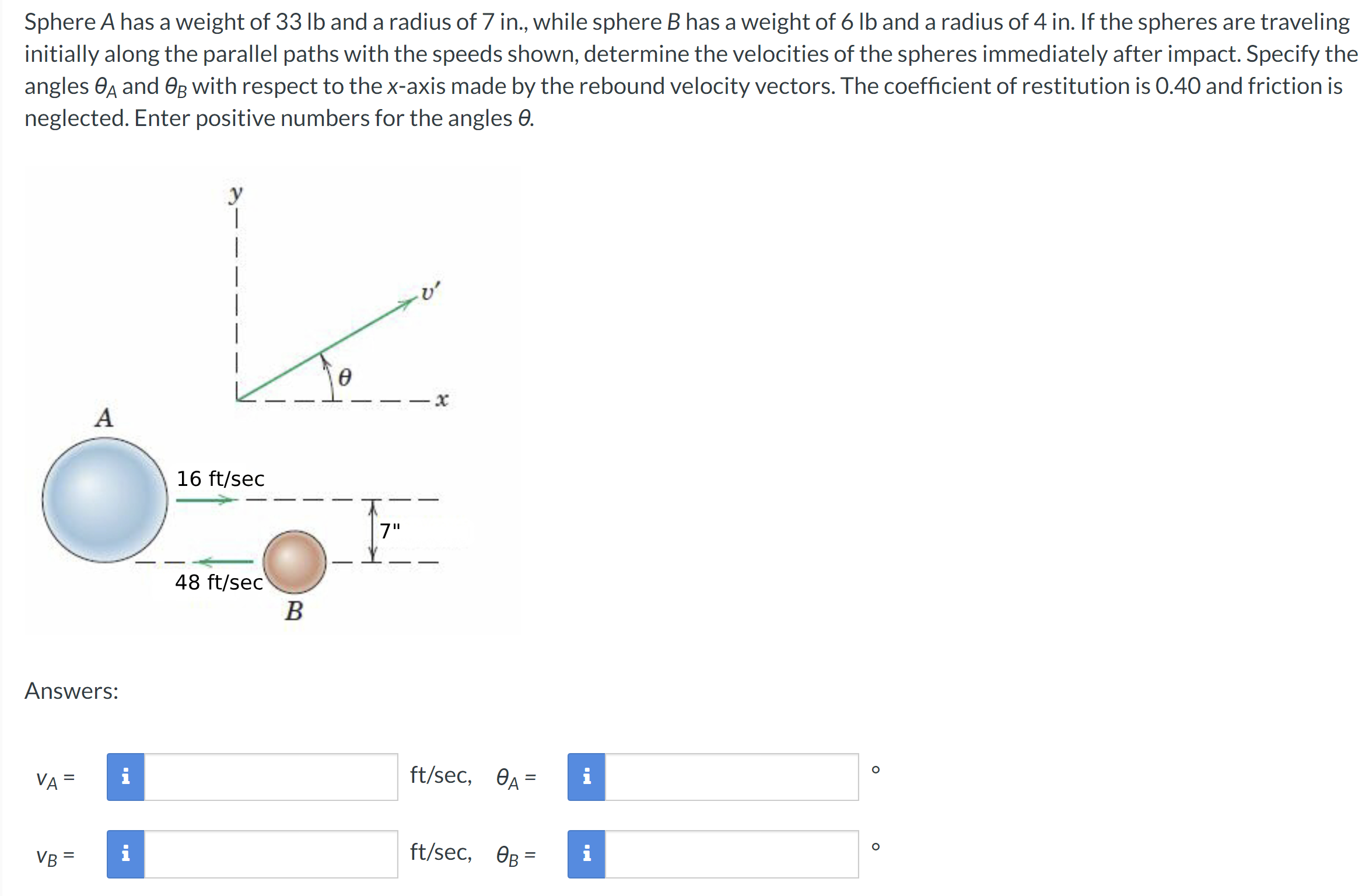 Sphere A has a weight of 33 lb and a radius of 7 in. , while sphere B has a weight of 6 lb and a radius of 4 in. If the spheres are traveling initially along the parallel paths with the speeds shown, determine the velocities of the spheres immediately after impact. Specify the angles θA and θB with respect to the x-axis made by the rebound velocity vectors. The coefficient of restitution is 0.40 and friction is neglected. Enter positive numbers for the angles θ. Answers: vA = ft/sec, θA = vB = ft/sec, θB =