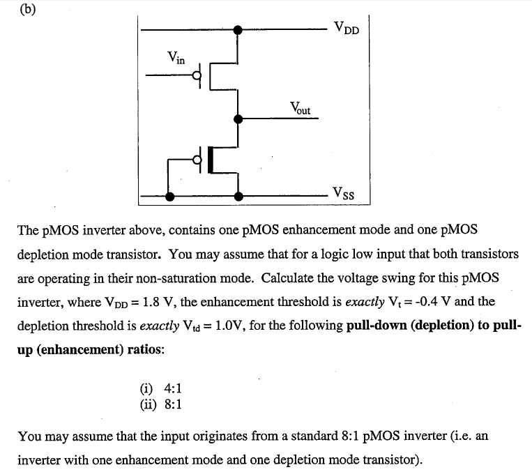 (b) The pMOS inverter above, contains one pMOS enhancement mode and one pMOS depletion mode transistor. You may assume that for a logic low input that both transistors are operating in their non-saturation mode. Calculate the voltage swing for this pMOS inverter, where VDD = 1.8 V, the enhancement threshold is exactly Vt = −0.4 V and the depletion threshold is exactly Vtd = 1.0 V, for the following pull-down (depletion) to pullup (enhancement) ratios: (i) 4:1 (ii) 8:1 You may assume that the input originates from a standard 8:1 pMOS inverter (i. e. an inverter with one enhancement mode and one depletion mode transistor). 