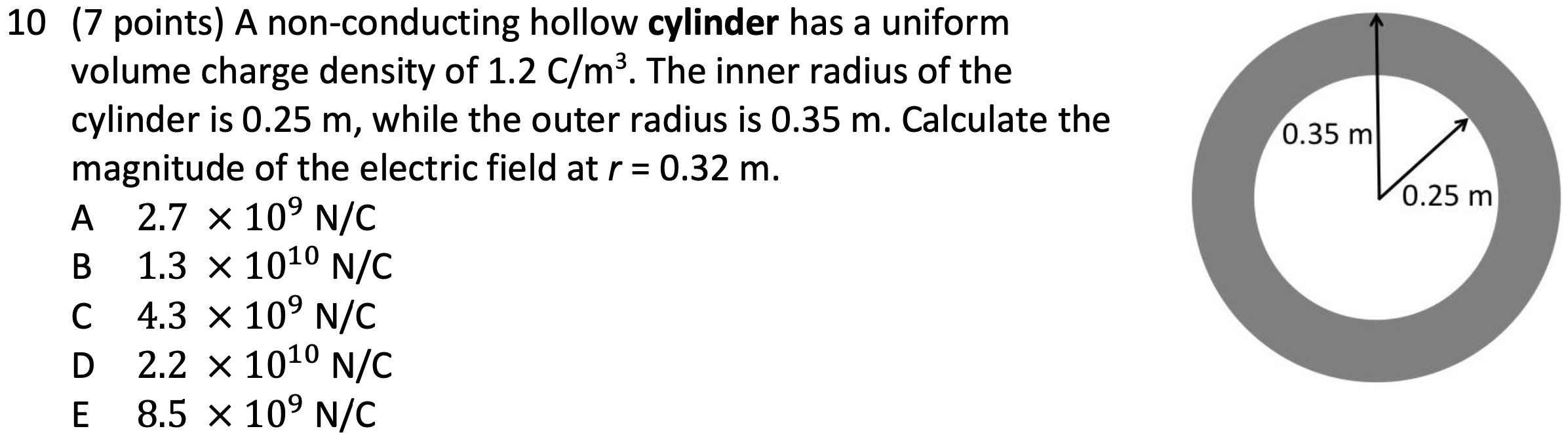 A non-conducting hollow cylinder has a uniform volume charge density of 1.2 c/m3. The inner radius of the cylinder is 0.25 m, while the outer radius is 0.35 m. Calculate the magnitude of the electric field at r = 0.32 m. A 2.7×109 N/C B 1.3×1010 N/C C 4.3×109 N/C D 2.2×1010 N/C E 8.5×109 N/C 