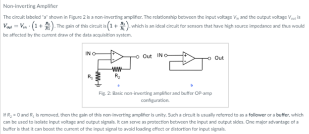 Non-inverting Amplifier The circuit labeled "a" shown in Figure 2 is a non-inverting amplifier. The relationship between the input voltage Vin and the output voltage Vout is Vot = Vin⋅(1 + R2 R1). The gain of this circuit is (1 + R2 R1), which is an ideal circuit for sensors that have high source impedance and thus would be affected by the current draw of the data acquisition system. If R2 = 0 and R1 is removed, then the gain of this non-inverting amplifier is unity. Such a circuit is usually referred to as a follower or a buffer, which can be used to isolate input voltage and output signals. It can serve as protection between the input and output sides. One major advantage of a buffer is that it can boost the current of the input signal to avoid loading effect or distortion for input signals.