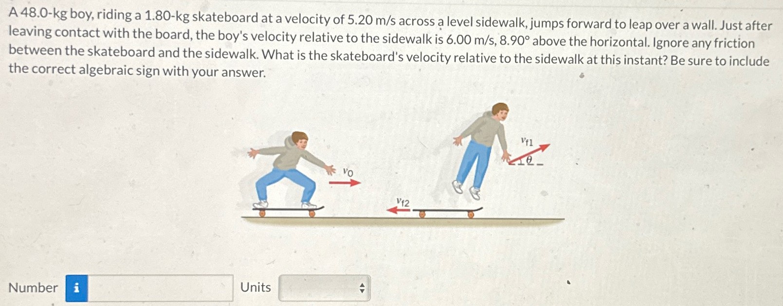 A 48.0-kg boy, riding a 1.80-kg skateboard at a velocity of 5.20 m/s across a level sidewalk, jumps forward to leap over a wall. Just after leaving contact with the board, the boy's velocity relative to the sidewalk is 6.00 m/s, 8.90∘ above the horizontal. Ignore any friction between the skateboard and the sidewalk. What is the skateboard's velocity relative to the sidewalk at this instant? Be sure to include the correct algebraic sign with your answer. Number Units