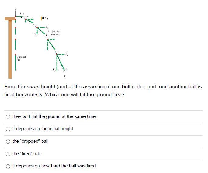 From the same height (and at the same time), one ball is dropped, and another ball is fired horizontally. Which one will hit the ground first? they both hit the ground at the same time it depends on the initial height the "dropped" ball the "fired" ball it depends on how hard the ball was fired In the previous problem, which ball has the greater velocity at ground level? neither-they both have the same velocity on impact the "fired" ball it depends on how hard the ball was thrown the "dropped" ball