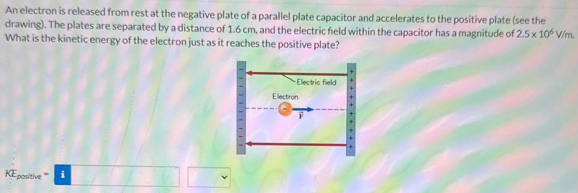An electron is released from rest at the negative plate of a parallel plate capacitor and accelerates to the positive plate (see the drawing). The plates are separated by a distance of 1.6 cm, and the electric field within the capacitor has a magnitude of 2.5×106 V/m. What is the kinetic energy of the electron just as it reaches the positive plate? KEpositive