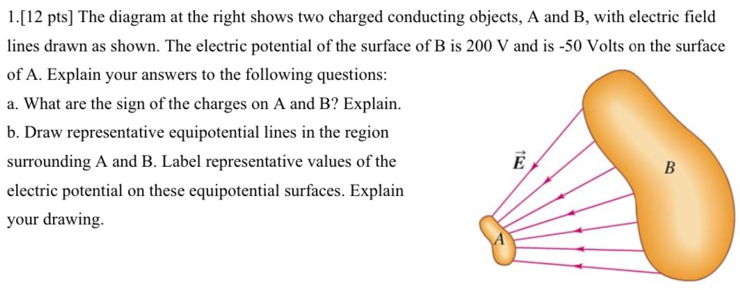 1. [12 pts] The diagram at the right shows two charged conducting objects, A and B, with electric field lines drawn as shown. The electric potential of the surface of B is 200 V and is -50 Volts on the surface of A. Explain your answers to the following questions: a. What are the sign of the charges on A and B? Explain. b. Draw representative equipotential lines in the region surrounding A and B. Label representative values of the electric potential on these equipotential surfaces. Explain your drawing.