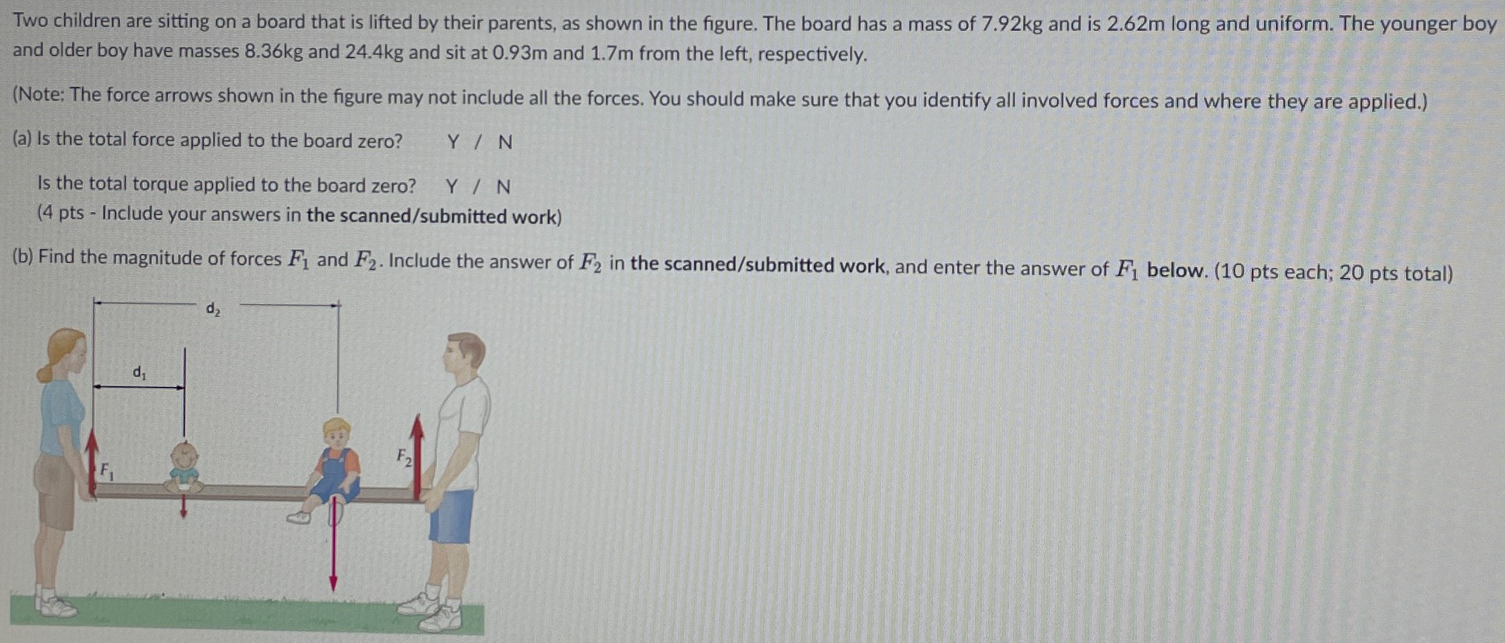 Two children are sitting on a board that is lifted by their parents, as shown in the figure. The board has a mass of 7.92 kg and is 2.62 m long and uniform. The younger boy and older boy have masses 8.36 kg and 24.4 kg and sit at 0.93 m and 1.7 m from the left, respectively. (Note: The force arrows shown in the figure may not include all the forces. You should make sure that you identify all involved forces and where they are applied.) (a) Is the total force applied to the board zero? Y/N Is the total torque applied to the board zero? Y/N ( 4 pts - Include your answers in the scanned/submitted work) (b) Find the magnitude of forces F1 and F2. Include the answer of F2 in the scanned/submitted work, and enter the answer of F1 below. (10 pts each; 20 pts total)