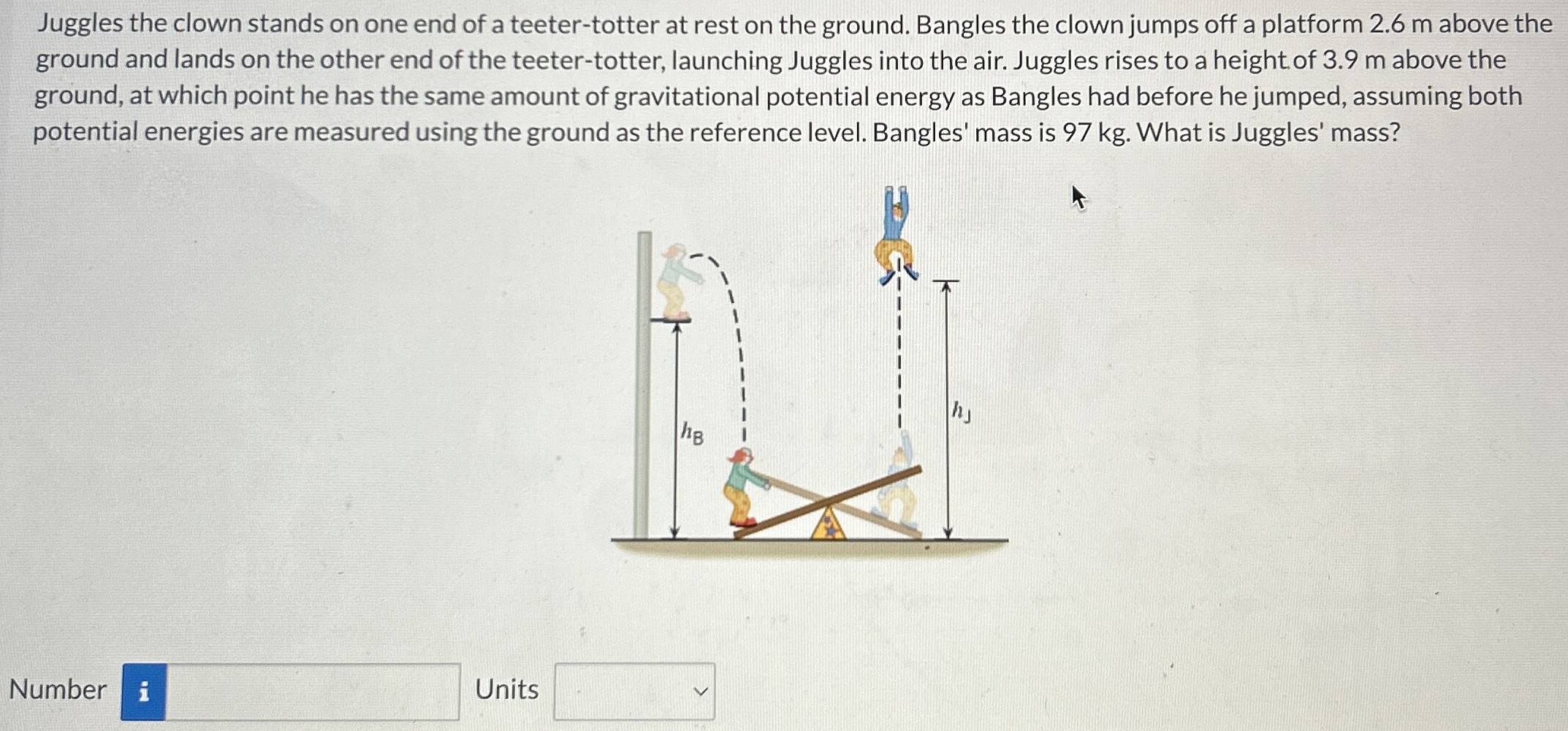 Juggles the clown stands on one end of a teeter-totter at rest on the ground. Bangles the clown jumps off a platform 2.6 m above the ground and lands on the other end of the teeter-totter, launching Juggles into the air. Juggles rises to a height of 3.9 m above the ground, at which point he has the same amount of gravitational potential energy as Bangles had before he jumped, assuming both potential energies are measured using the ground as the reference level. Bangles' mass is 97 kg. What is Juggles' mass? Number Units