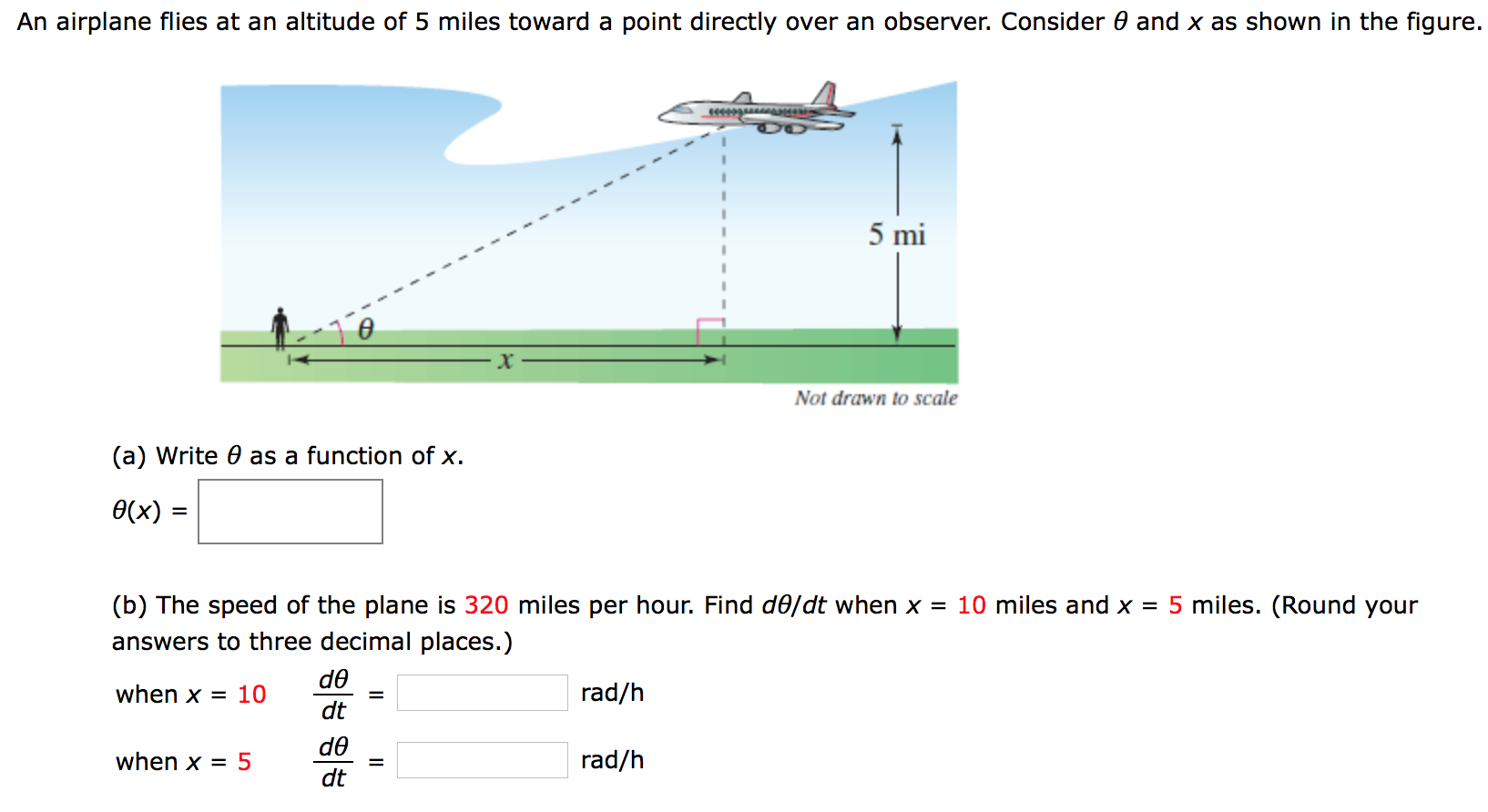 An airplane flies at an altitude of 5 miles toward a point directly over an observer. Consider θ and x as shown in the figure. Not drawn to scale (a) Write θ as a function of x. θ(x) = (b) The speed of the plane is 320 miles per hour. Find dθ/dt when x = 10 miles and x = 5 miles. (Round your answers to three decimal places. ) when x = 10 dθ dt = rad/h when x = 5 dθ dt = rad/h