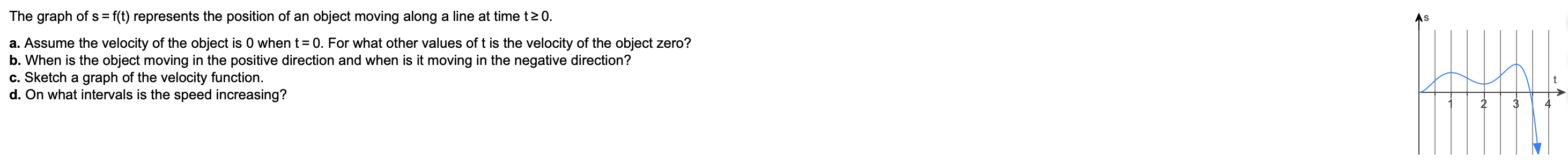 The graph of s = f(t) represents the position of an object moving along a line at time t ≥ 0. a. Assume the velocity of the object is 0 when t = 0. For what other values of t is the velocity of the object zero? b. When is the object moving in the positive direction and when is it moving in the negative direction? c. Sketch a graph of the velocity function. d. On what intervals is the speed increasing? a. The velocity of the object is zero at t = (Use a comma to separate answers as needed. ) b. When is the object moving in the positive direction? Select the correct choice below and, if necessary, fill in the answer box within your choice. A. The object is moving in the positive direction on the interval(s). ? B. The object is never moving in the positive direction. When is the object moving in the negative direction? Select the correct choice below and, if necessary, fill in the answer box within your choice. A. The object is moving in the negative direction on the interval(s). B. The object is never moving in the negative direction. c. Sketch a graph of the velocity function. Choose the correct graph below. d. Select the correct choice below and, if necessary, fill in the answer box within your choice. A. The speed of the object is increasing on the interval(s). B. The speed of the object never increases.