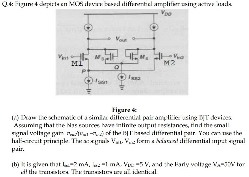 Q. 4: Figure 4 depicts an MOS device based differential amplifier using active loads. Figure 4: (a) Draw the schematic of a similar differential pair amplifier using BJT devices. Assuming that the bias sources have infinite output resistances, find the small signal voltage gain vout/(vin1 − vin2) of the BJT based differential pair. You can use the half-circuit principle. The ac signals Vin1 , Vin2 form a balanced differential input signal pair. (b) It is given that Iss = 2 mA, Iss2 = 1 mA, VDD = 5 V, and the Early voltage VA = 50 V for all the transistors. The transistors are all identical. 