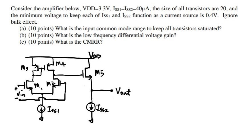 Consider the amplifier below, VDD = 3.3V, ISS1 = ISS2 = 40μA, the size of all transistors are 20, and the minimum voltage to keep each of Iss1 and ISS2 function as a current source is 0.4V. Ignore bulk effect. (a) (10 points) What is the input common mode range to keep all transistors saturated? (b) (10 points) What is the low frequency differential voltage gain? (c) (10 points) What is the CMRR?