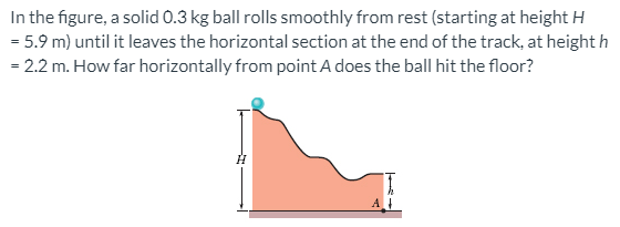 In the figure, a solid 0.3 kg ball rolls smoothly from rest (starting at height H = 5.9 m) until it leaves the horizontal section at the end of the track, at height h = 2.2 m. How far horizontally from point A does the ball hit the floor?