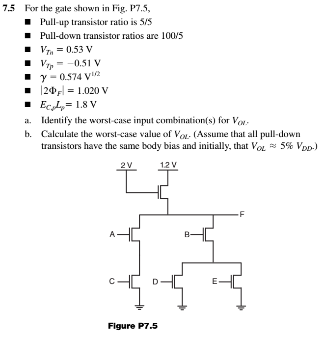 7.5 For the gate shown in Fig. P7.5, Pull-up transistor ratio is 5/5 Pull-down transistor ratios are 100/5 VTn = 0.53 V VTp = −0.51 V γ = 0.574 V1 /2 |2ΦF| = 1.020 V EC,pLp = 1.8 V a. Identify the worst-case input combination(s) for VOL. b. Calculate the worst-case value of VOL. (Assume that all pull-down transistors have the same body bias and initially, that VOL ≈ 5% VDD. ) Figure P7.5 