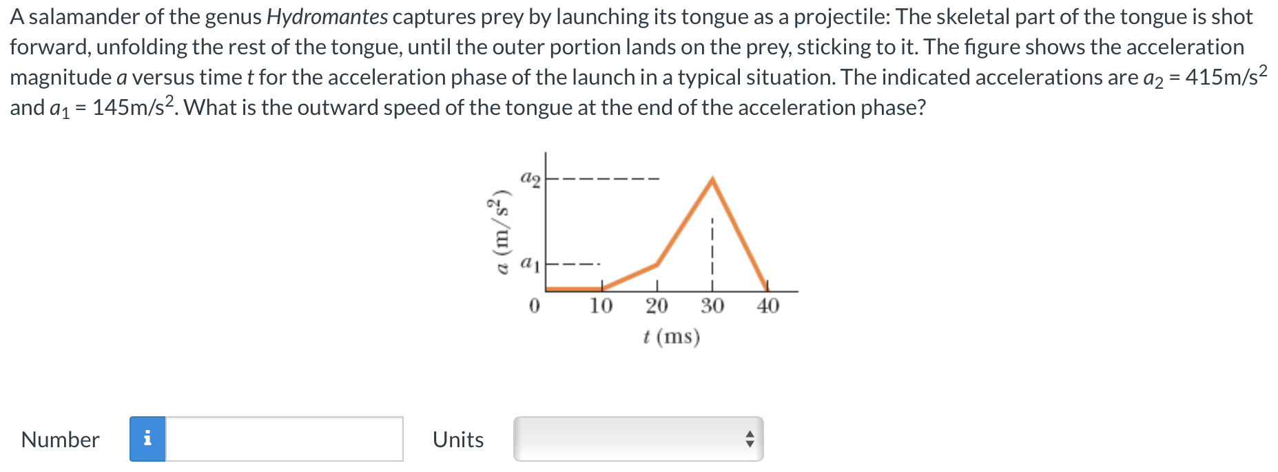 A salamander of the genus Hydromantes captures prey by launching its tongue as a projectile: The skeletal part of the tongue is shot forward, unfolding the rest of the tongue, until the outer portion lands on the prey, sticking to it. The figure shows the acceleration magnitude a versus time t for the acceleration phase of the launch in a typical situation. The indicated accelerations are a2 = 415 m/s2 and a1 = 145 m/s2. What is the outward speed of the tongue at the end of the acceleration phase? Number Units