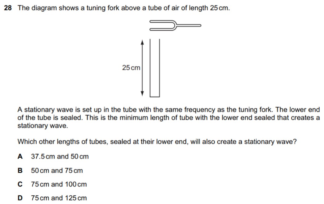 28 The diagram shows a tuning fork above a tube of air of length 25 cm. A stationary wave is set up in the tube with the same frequency as the tuning fork. The lower end of the tube is sealed. This is the minimum length of tube with the lower end sealed that creates a stationary wave. Which other lengths of tubes, sealed at their lower end, will also create a stationary wave? A 37.5 cm and 50 cm B 50 cm and 75 cm C 75 cm and 100 cm D 75 cm and 125 cm