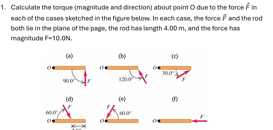 Calculate the torque (magnitude and direction) about point O due to the force F→ in each of the cases sketched in the figure below. In each case, the force F→ and the rod both lie in the plane of the page, the rod has length 4.00 m, and the force has magnitude F = 10.0 N. (a) (b) (c) (d) (e) (f) 