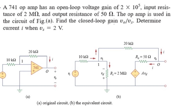 A 741 op amp has an open-loop voltage gain of 2 × 10 5, input resistance of 2 MΩ, and output resistance of 50 Ω. The op amp is used in the circuit of Fig.(a). Find the closed-loop gain vo/vs. Determine current i when vs = 2V. (a) (b) (a) original circuit, (b) the equivalent circuit. 