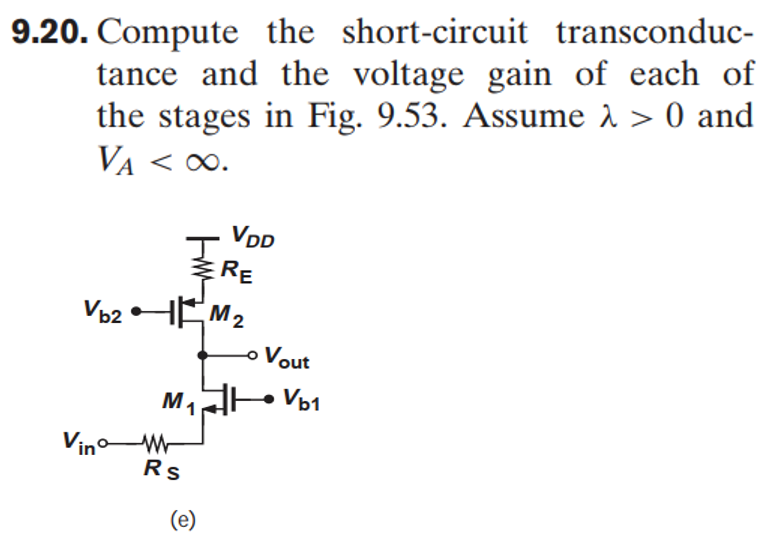 9.20. Compute the short-circuit transconductance and the voltage gain of each of the stages in Fig. 9.53. Assume λ > 0 and VA < ∞. (e)