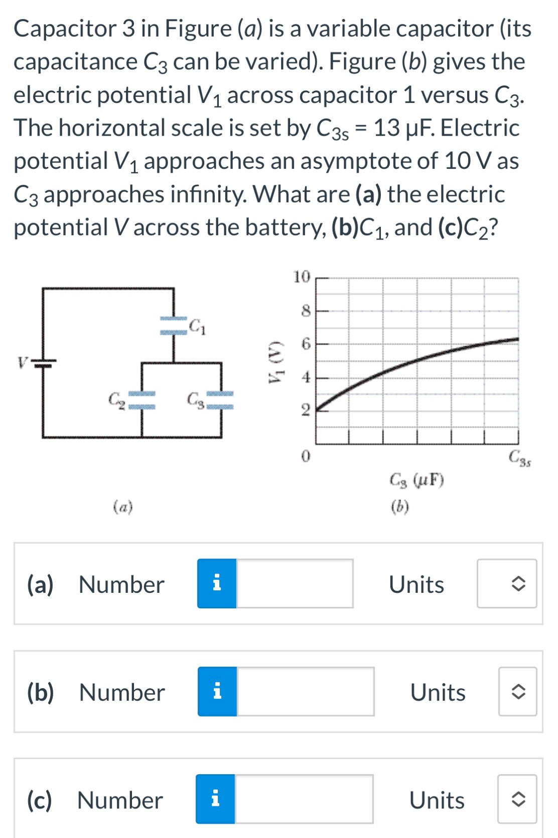 Capacitor 3 in Figure (a) is a variable capacitor (its capacitance C3 can be varied). Figure (b) gives the electric potential V1 across capacitor 1 versus C3. The horizontal scale is set by C3 s = 13 μF. Electric potential V1 approaches an asymptote of 10 V as C3 approaches infinity. What are (a) the electric potential V across the battery, (b) C1, and (c) C2? (a) (b) (a) Number Units (b) Number Units (c) Number Units