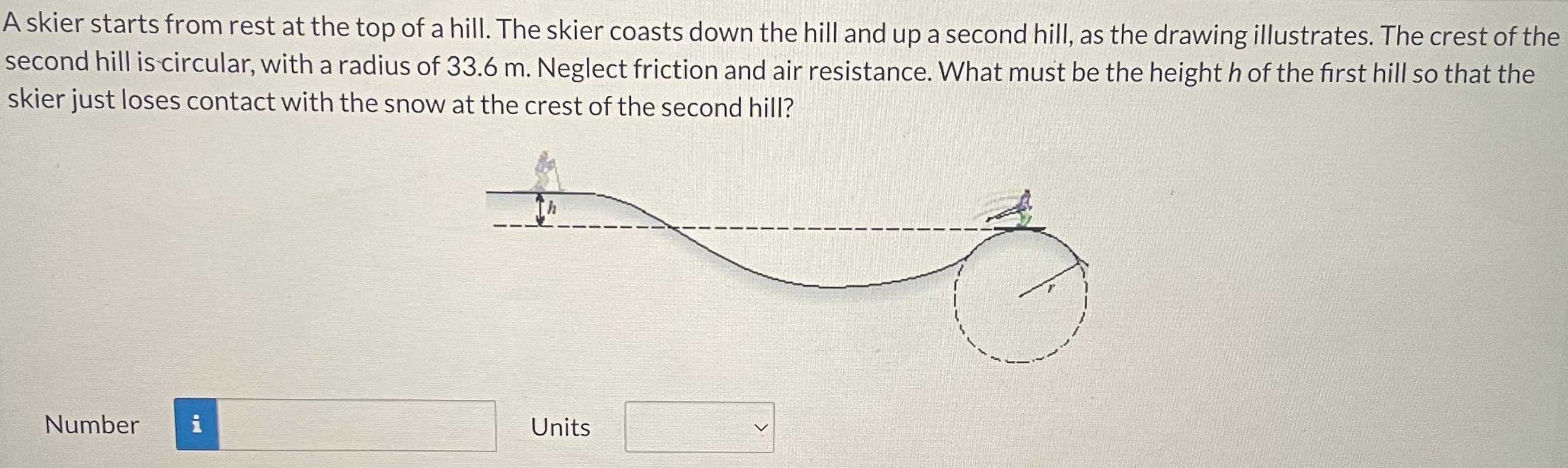 A skier starts from rest at the top of a hill. The skier coasts down the hill and up a second hill, as the drawing illustrates. The crest of the second hill is circular, with a radius of 33.6 m. Neglect friction and air resistance. What must be the height h of the first hill so that the skier just loses contact with the snow at the crest of the second hill? Number Units