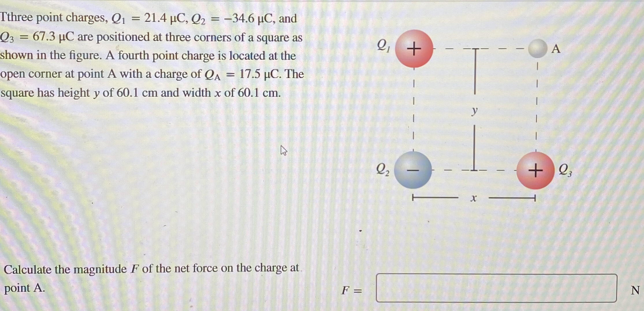 Three point charges, Q1 = 21.4 μC, Q2 = −34.6 μC, and Q3 = 67.3 μC are positioned at three corners of a square as shown in the figure. A fourth point charge is located at the open corner at point A with a charge of QA = 17.5 μC. The square has height y of 60.1 cm and width x of 60.1 cm. Calculate the magnitude F of the net force on the charge at point A. F =