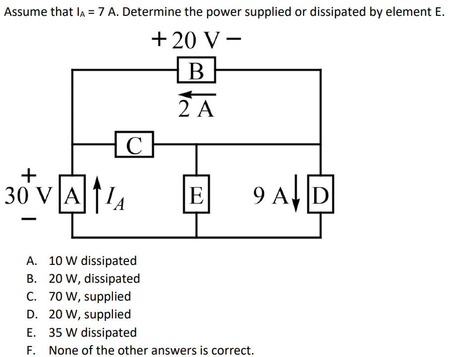 Assume that IA = 7 A. Determine the power supplied or dissipated by element E. A. 10 W dissipated B. 20 W, dissipated C. 70 W, supplied D. 20 W, supplied E. 35 W dissipated F. None of the other answers is correct.