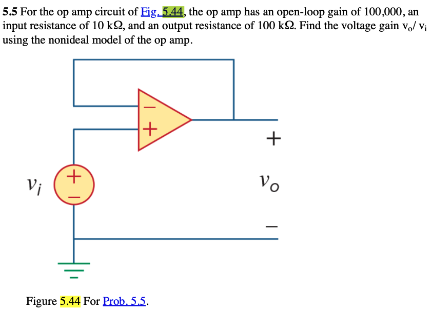 5.5 For the op amp circuit of Fig. 5.44 , the op amp has an open-loop gain of 100, 000 , an input resistance of 10 kΩ, and an output resistance of 100 kΩ. Find the voltage gain vo/vi using the nonideal model of the op amp. Figure 5.44 For Prob. 5.5.