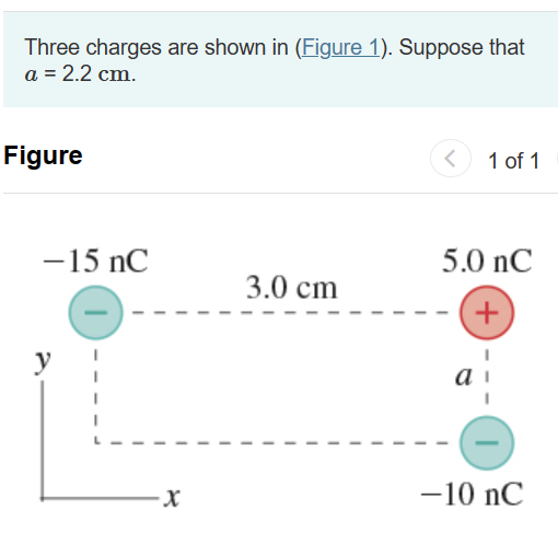 Three charges are shown in (Figure 1). Suppose that a = 2.2 cm. Figure 1 of 1 Part A What is the magnitude of the force F→ on the 5.0 nC charge? Express your answer with the appropriate units. F = What is the direction of the force F→ on the 5.0 nC charge? Give your answer as an angle measured counterclockwise from the −x-axis. Express your answer in degrees.