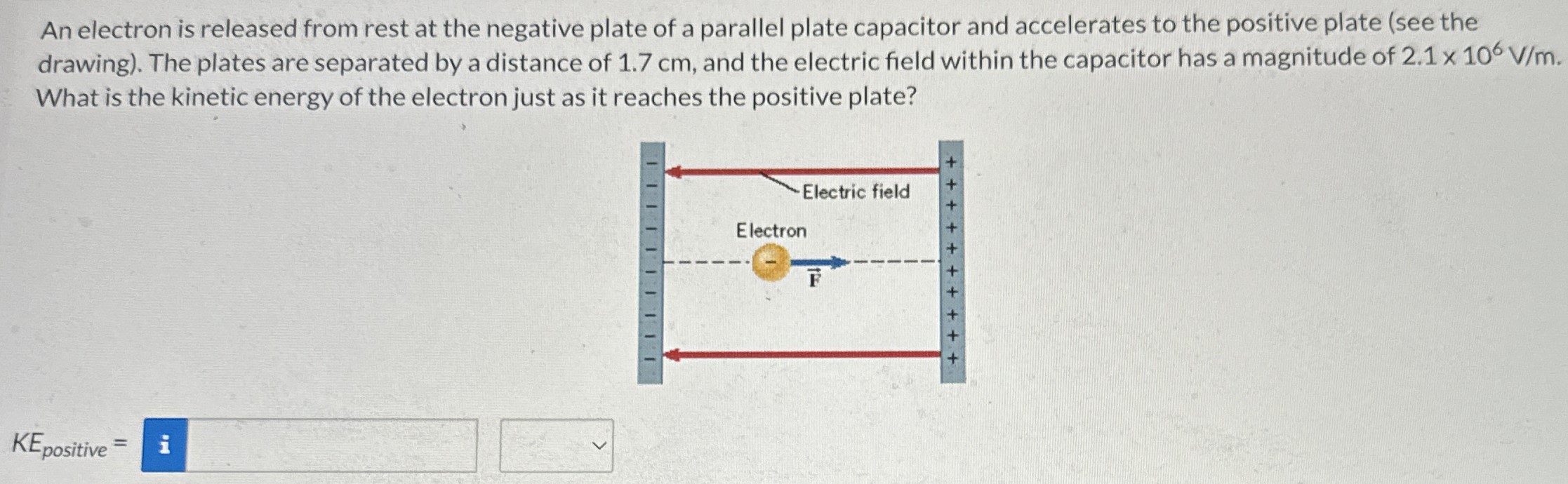 An electron is released from rest at the negative plate of a parallel plate capacitor and accelerates to the positive plate (see the drawing). The plates are separated by a distance of 1.7 cm, and the electric field within the capacitor has a magnitude of 2.1×106 V/m. What is the kinetic energy of the electron just as it reaches the positive plate? KEpositive =