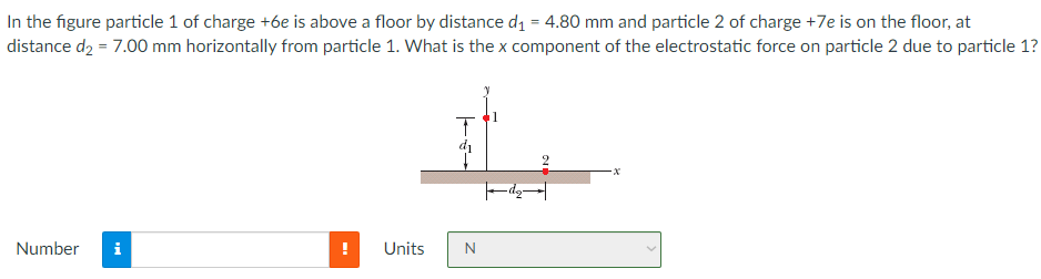 In the figure particle 1 of charge +6e is above a floor by distance d1 = 4.80 mm and particle 2 of charge +7e is on the floor, at distance d2 = 7.00 mm horizontally from particle 1. What is the x component of the electrostatic force on particle 2 due to particle 1? Number Units