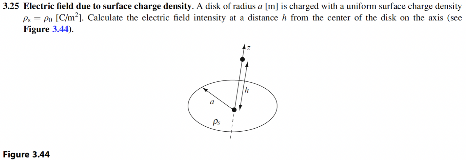 3.25 Electric field due to surface charge density. A disk of radius a[m] is charged with a uniform surface charge density ρs = ρ0[C/m2]. Calculate the electric field intensity at a distance h from the center of the disk on the axis (see Figure 3.44). Figure 3.44 