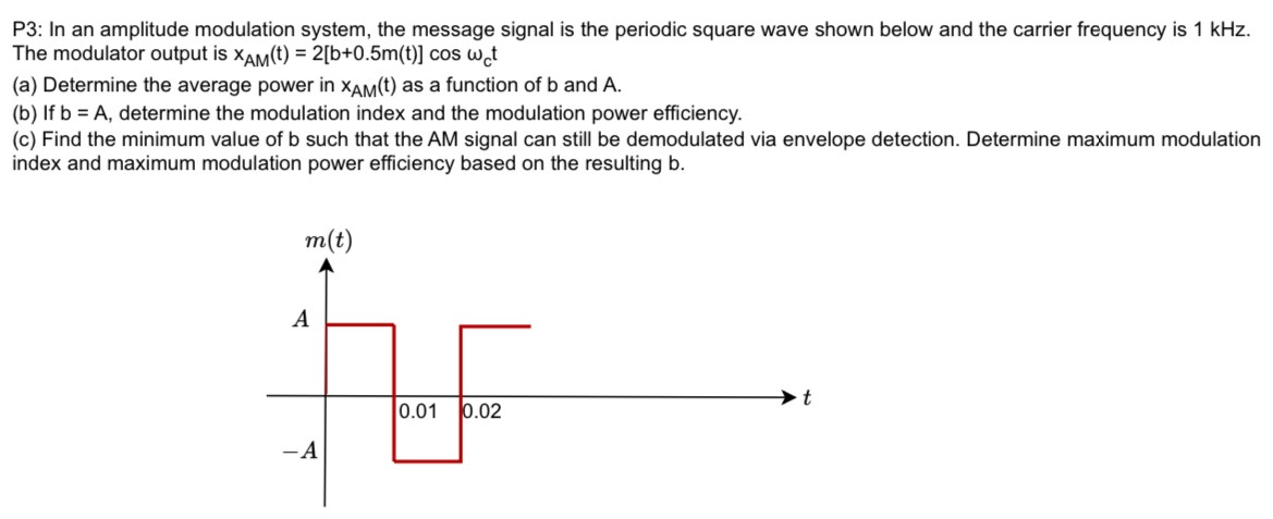 P3: In an amplitude modulation system, the message signal is the periodic square wave shown below and the carrier frequency is 1 kHz. The modulator output is xAM(t) = 2[b+0.5 m(t)]cos⁡ωct (a) Determine the average power in xAM(t) as a function of b and A. (b) If b = A, determine the modulation index and the modulation power efficiency. (c) Find the minimum value of b such that the AM signal can still be demodulated via envelope detection. Determine maximum modulation index and maximum modulation power efficiency based on the resulting b. 