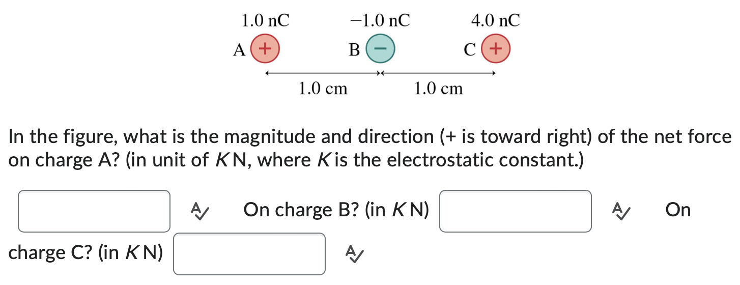 In the figure, what is the magnitude and direction (+ is toward right) of the net force on charge A? (in unit of KN, where K is the electrostatic constant.) On charge B ? (in KN) On charge C ? (in KN)