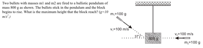 Two bullets with masses m1 and m2 are fired to a ballistic pendulum of mass 800 g as shown. The bullets stick in the pendulum and the block begins to rise. What is the maximum height that the block reach? (g = 10 m/s2.)