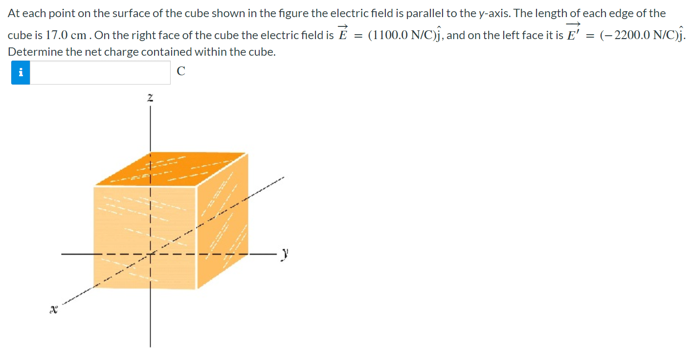 At each point on the surface of the cube shown in the figure the electric field is parallel to the y-axis. The length of each edge of the cube is 17.0 cm. On the right face of the cube the electric field is E→ = (1100.0 N/C)j^, and on the left face it is E′→ = (−2200.0 N/C)j^. Determine the net charge contained within the cube. C