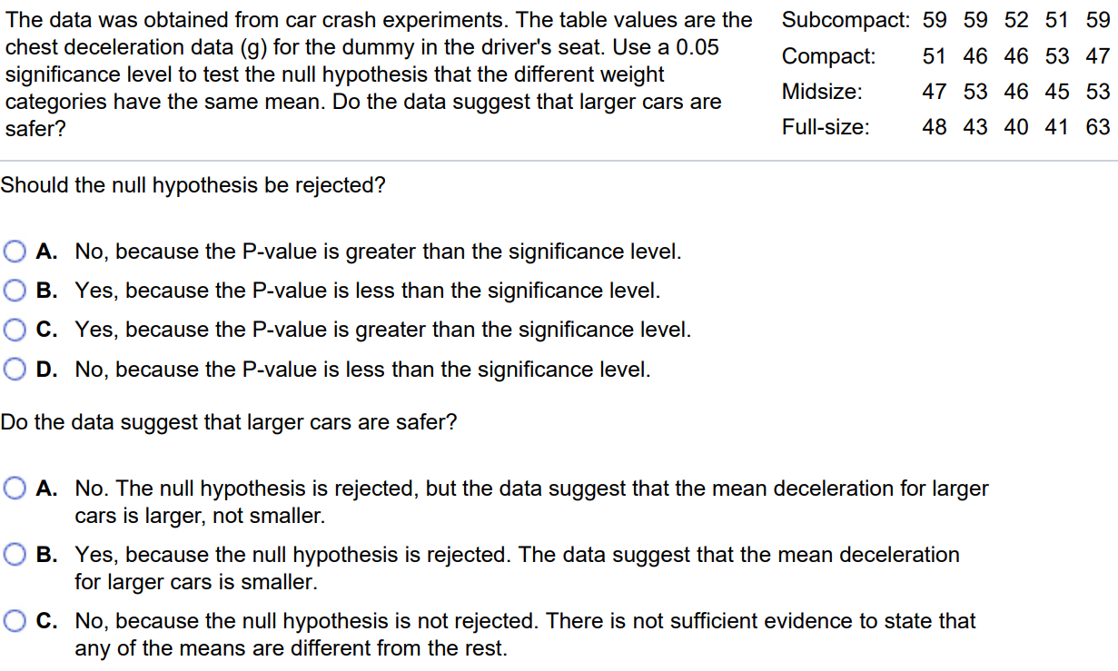 The data was obtained from car crash experiments. The table values are the Subcompact: 59 59 52 51 59 chest deceleration data (g) for the dummy in the driver's seat. Use a 0.05 significance level to test the null hypothesis that the different weight Compact: 51 46 46 53 47 categories have the same mean. Do the data suggest that larger cars are Midsize: 47 53 46 45 53 safer? Full-size: 48 43 40 41 Should the null hypothesis be rejected? A. No, because the P-value is greater than the significance level. B. Yes, because the P-value is less than the significance level. C. Yes, because the P-value is greater than the significance level. D. No, because the P-value is less than the significance level. Do the data suggest that larger cars are safer? A. No. The null hypothesis is rejected, but the data suggest that the mean deceleration for larger cars is larger, not smaller. B. Yes, because the null hypothesis is rejected. The data suggest that the mean deceleration for larger cars is smaller. C. No, because the null hypothesis is not rejected. There is not sufficient evidence to state that any of the means are different from the rest.