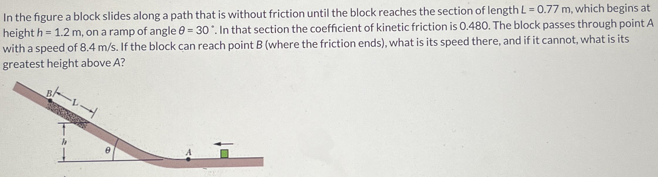 In the figure a block slides along a path that is without friction until the block reaches the section of length L = 0.77 m, which begins at height h = 1.2 m, on a ramp of angle θ = 30∘. In that section the coefficient of kinetic friction is 0.480. The block passes through point A with a speed of 8.4 m/s. If the block can reach point B (where the friction ends), what is its speed there, and if it cannot, what is its greatest height above A?