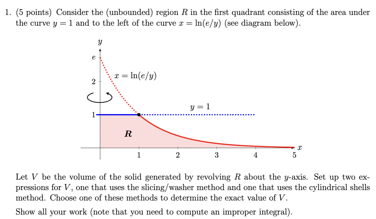  (5 points) Consider the (unbounded) region R in the first quadrant consisting of the area under the curve y = 1 and to the left of the curve x = ln(e/y) (see diagram below). Let V be the volume of the solid generated by revolving R about the y-axis. Set up two expressions for V , one that uses the slicing/washer method and one that uses the cylindrical shells method. Choose one of these methods to determine the exact value of V . Show all your work (note that you need to compute an improper integral). 