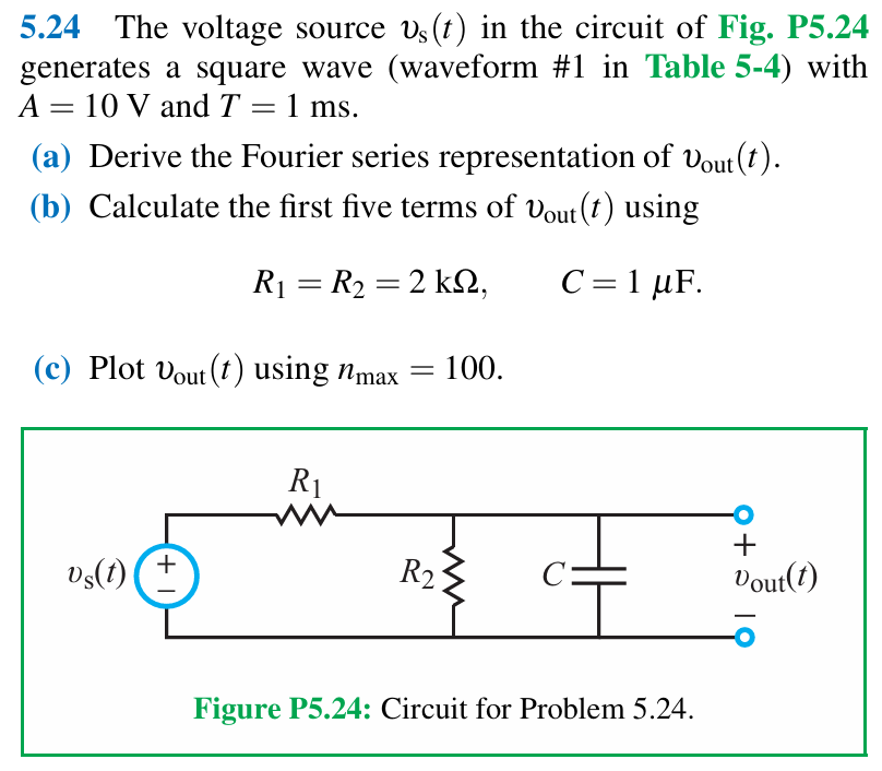 5.24 The voltage source vS(t) in the circuit of Fig. P5.24 generates a square wave (waveform #1 in Table 5-4) with A = 10 V and T = 1 ms. (a) Derive the Fourier series representation of vout(t). (b) Calculate the first five terms of vout(t) using R1 = R2 = 2 kΩ, C = 1 μF. (c) Plot vout(t) using nmax = 100. Figure P5.24: Circuit for Problem 5.24.