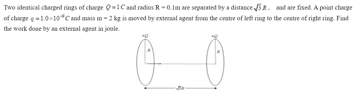 Two identical charged rings of charge Q = 1 C and radius R = 0.1 m are separated by a distance 3 R, and are fixed. A point charge of charge q = 1.0×10−9 C and mass m = 2 kg is moved by external agent from the centre of left ring to the centre of right ring. Find the work done by an external agent in joule.