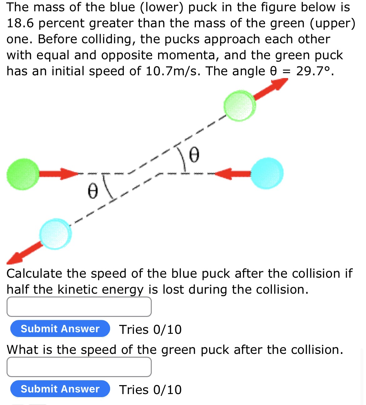 The mass of the blue (lower) puck in the figure below is 18.6 percent greater than the mass of the green (upper) one. Before colliding, the pucks approach each other with equal and opposite momenta, and the green puck has an initial speed of 10.7 m/s. The angle θ = 29.7∘. Calculate the speed of the blue puck after the collision if half the kinetic energy is lost during the collision. What is the speed of the green puck after the collision. Submit Answer Tries 0/10