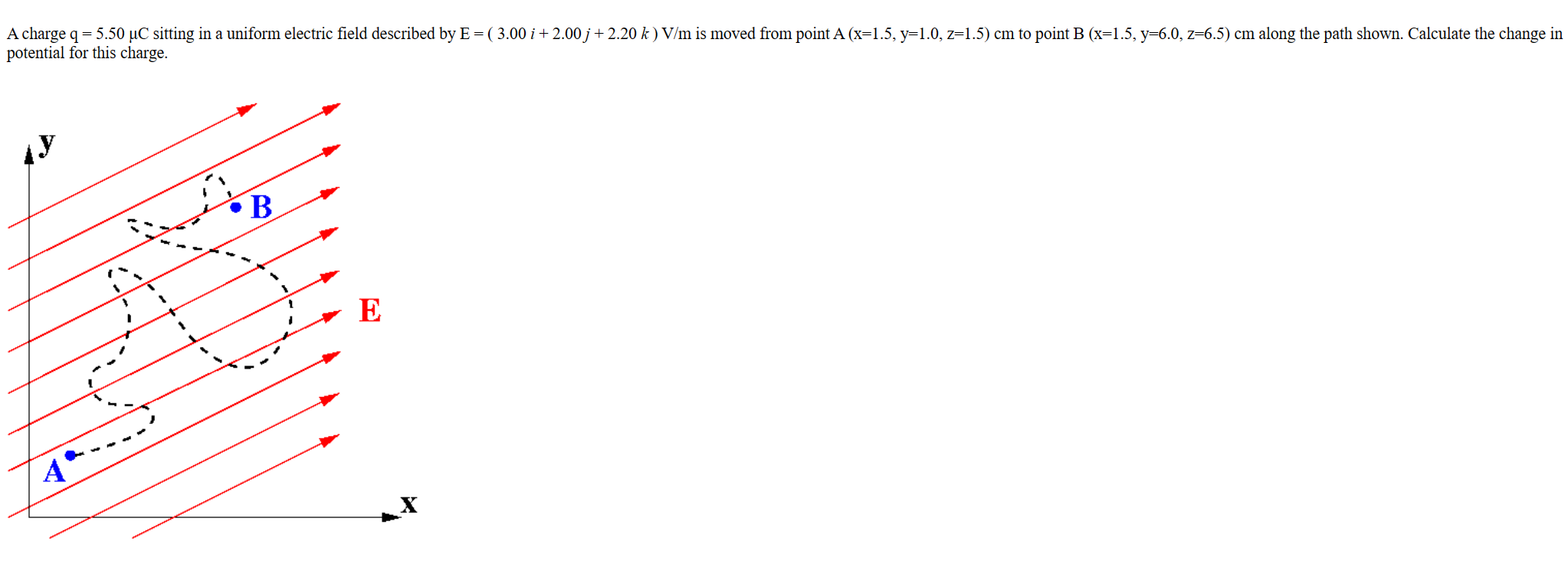 A charge q = 5.50 μC sitting in a uniform electric field described by E = (3.00 i+2.00 j+2.20 k) V/m is moved from point A(x = 1.5, y = 1.0, z = 1.5)cm to point B(x = 1.5, y = 6.0, z = 6.5)cm along the path shown. Calculate the change in potential for this charge.