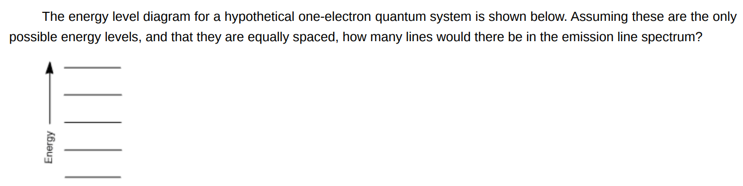 The energy level diagram for a hypothetical one-electron quantum system is shown below. Assuming these are the only possible energy levels, and that they are equally spaced, how many lines would there be in the emission line spectrum? 