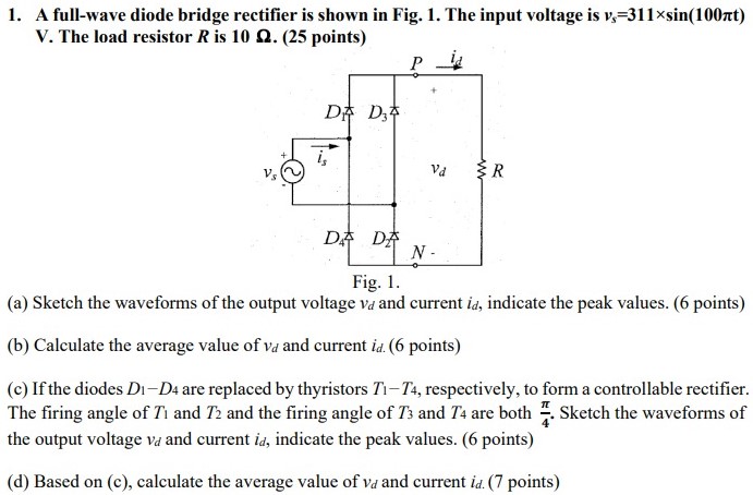 A full-wave diode bridge rectifier is shown in Fig. 1 . The input voltage is vs = 311×sin⁡(100πt) V. The load resistor R is 10 Ω. ( 25 points) Fig. 1. (a) Sketch the waveforms of the output voltage vd and current id, indicate the peak values. (6 points) (b) Calculate the average value of vd and current id. ( 6 points) (c) If the diodes D1−D4 are replaced by thyristors T1−T4, respectively, to form a controllable rectifier. The firing angle of T1 and T2 and the firing angle of T3 and T4 are both π4. Sketch the waveforms of the output voltage vd and current id, indicate the peak values. (6 points) (d) Based on (c), calculate the average value of vd and current id. (7 points)