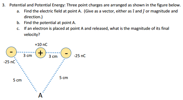 Potential and Potential Energy: Three point charges are arranged as shown in the figure below. a. Find the electric field at point A. (Give as a vector, either as ı^ and ȷ^ or magnitude and direction.) b. Find the potential at point A. c. If an electron is placed at point A and released, what is the magnitude of its final velocity?