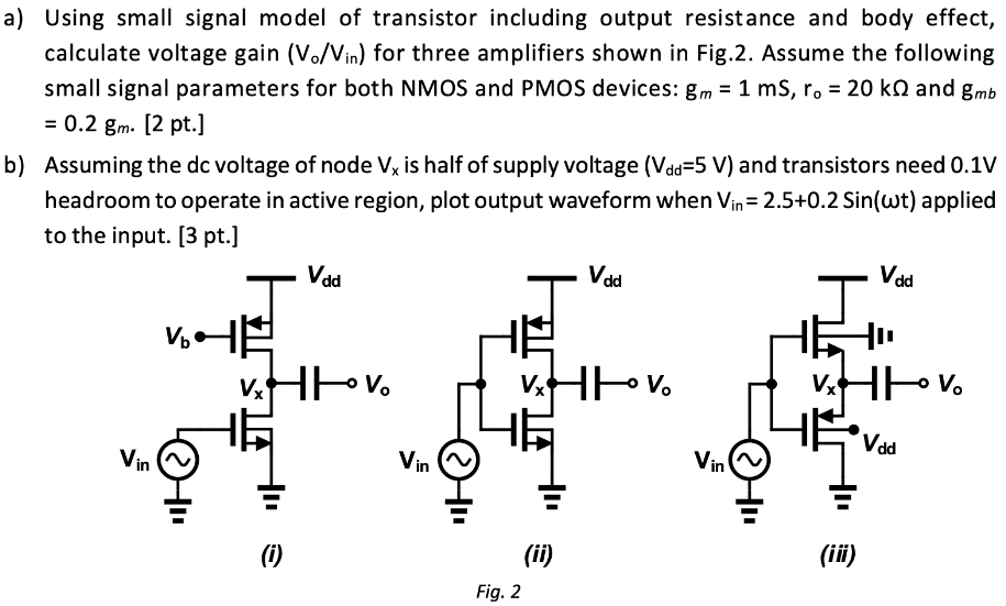 a) Using small signal model of transistor including output resistance and body effect, calculate voltage gain (Vo/Vin) for three amplifiers shown in Fig.2. Assume the following small signal parameters for both NMOS and PMOS devices: gm = 1mS, ro = 20 kΩ and gmb = 0.2 gm. [2pt.] b) Assuming the dc voltage of node Vx is half of supply voltage (Vdd = 5 V) and transistors need 0.1 V headroom to operate in active region, plot output waveform when Vin = 2.5 + 0.2 Sin(ωt) applied to the input. [3 pt.] (i) (ii) (iii) Fig. 2