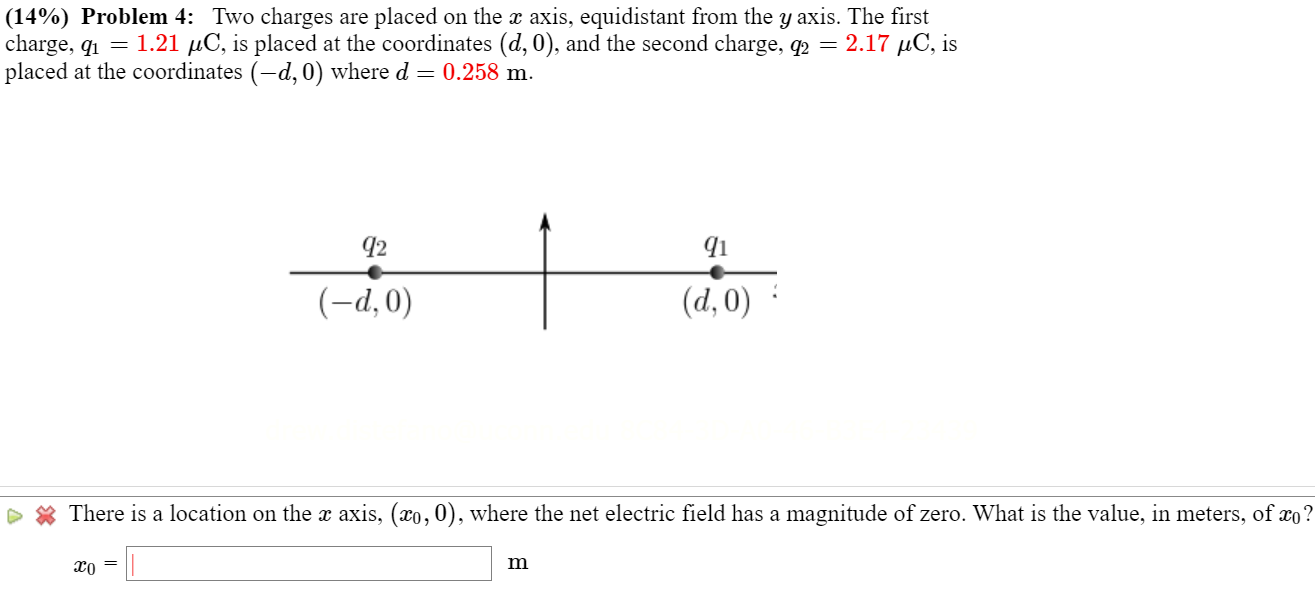 Two charges are placed on the x axis, equidistant from the y axis. The first charge, q1 = 1.21 μC, is placed at the coordinates (d, 0), and the second charge, q2 = 2.17 μC, is placed at the coordinates (−d, 0) where d = 0.258 m. There is a location on the x axis, (x0, 0), where the net electric field has a magnitude of zero. What is the value, in meters, of x0? x0 = m